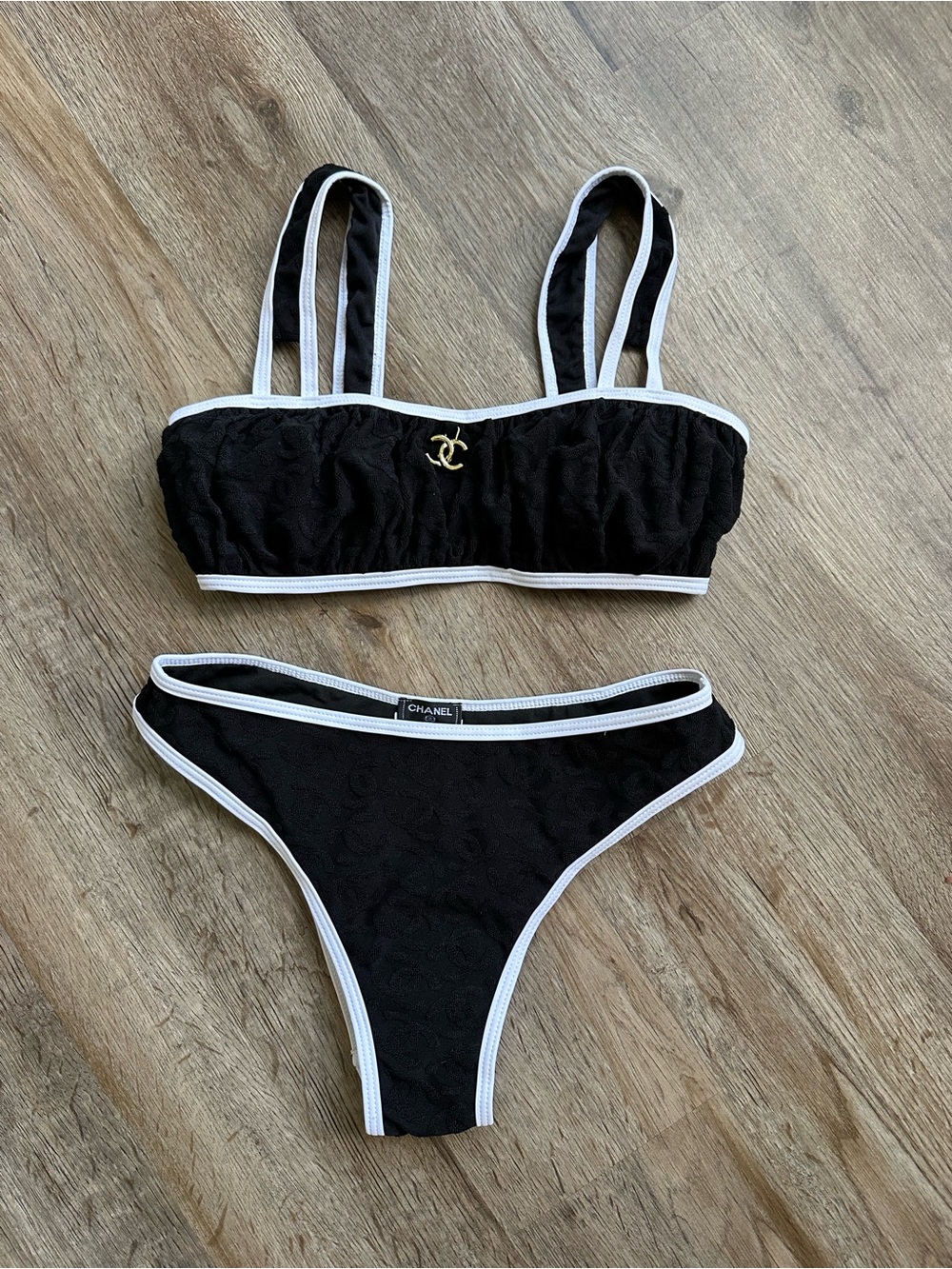 CHANEL Black Bikini with White Trim and Gold CC Accent